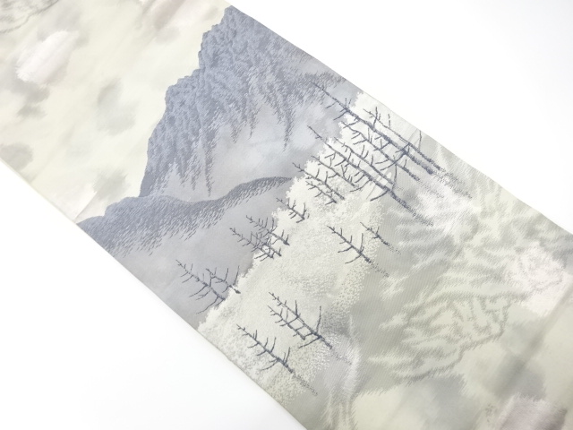 JAPANESE KIMONO / ANTIQUE FUKURO OBI / SILK / WOVEN DISTANT MOUNTAINS & SCENERY OF WATERSIDE